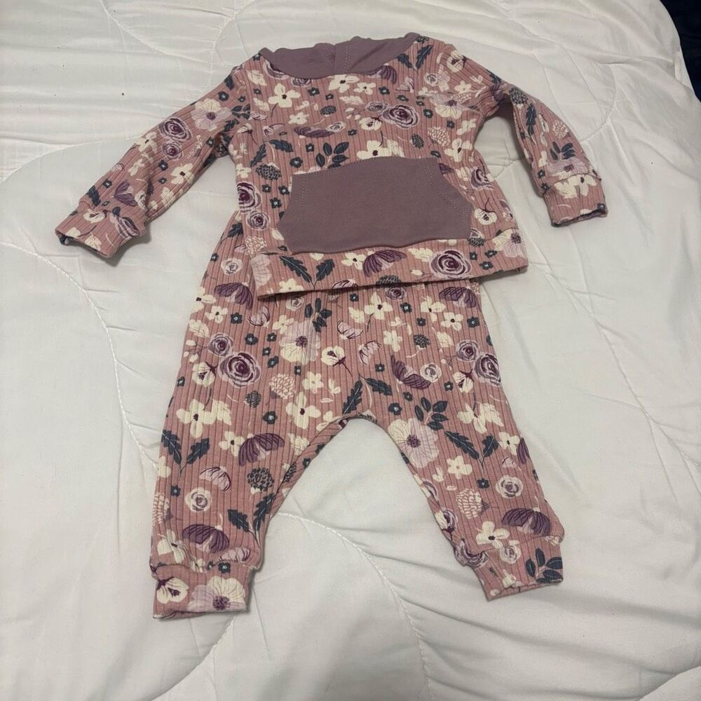 Chick Pea Purple Ribbed‎ Floral Hoodie Pants Set 3-6 months
